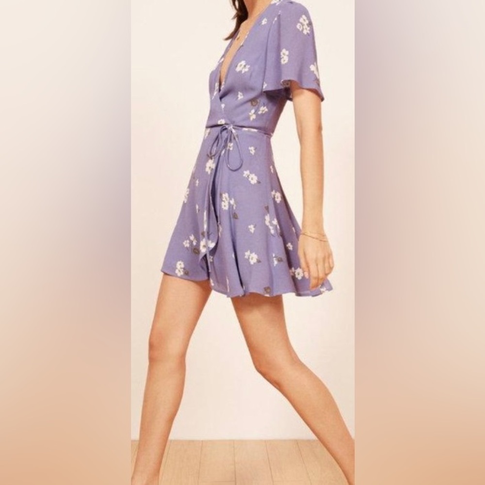 NWT, Reformation "Adele" Mini Wrap Dress w/ Flutter Sleeves in Lilac, Sz XS - Picture 7 of 9